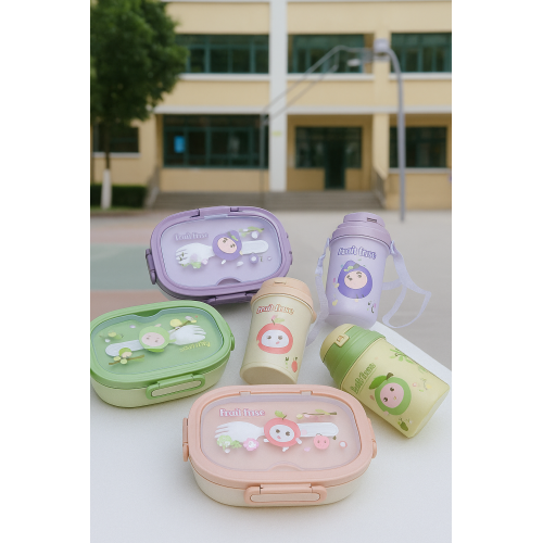 Set de lonchera infantil con compartimentos y termo a jueg, incluye cubiertos, diseño kawaii de caricatura, colores surtidos, ideal para escuela, guardería y picnic, hermético y reutilizable, Mayoreo YD038