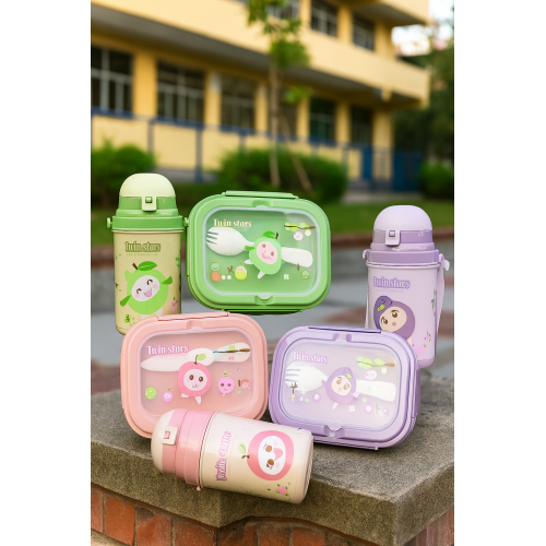 Set de lonchera infantil con cubiertos y termo a juego, diseño kawaii de caricatura, colores surtidos, hermético, reutilizable y portátil, ideal para escuela, guardería, oficina y picnic, Mayoreo YD036
