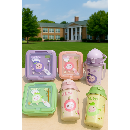 Set de lonchera infantil cuadrada con termo y cubiertos incluidos, diseño kawaii de caricatura, colores surtidos (verde, rosa, morado y beige), hermético, portátil y reutilizable, ideal para escuela, guardería y picnic, Mayoreo YD035