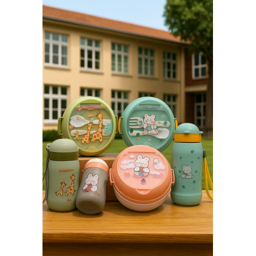 Juego infantil de lonchera con cubiertos y botellas térmicas para niños, set escolar portátil con diseños de ositos y jirafas, lunch box con termo y accesorios para comida y agua, Mayoreo YD019