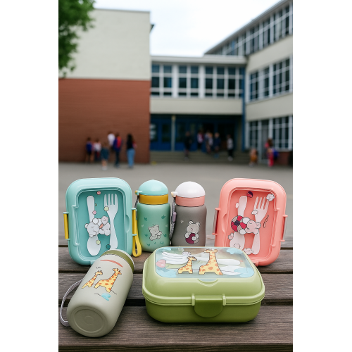 Set infantil de loncheras escolares con cubiertos y botellas térmicas, kit completo de lunch box para niños con diseños de animales y colores divertidos, ideal para escuela, guardería y viajes, Mayoreo YD015