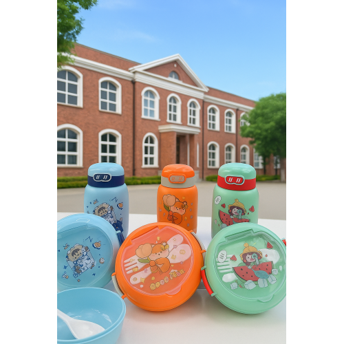 Set infantil de loncheras escolares con cubiertos y botellas térmicas, kit de lunch box portátil para niños con diseños coloridos y personajes animados, ideal para escuela, guardería y viajes, Mayoreo YD061