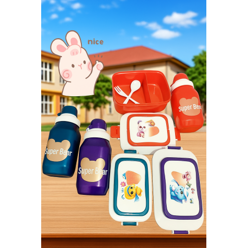 Set infantil de lonchera con cubiertos y botellas deportivas Super Bear, lunch box portátil con diseños coloridos para niños, ideal para escuela, guardería y viajes, Mayoreo APTD-111