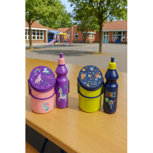 Set infantil de lonchera y botella con diseños de unicornio y espacio, lunch box portátil apilable para niños con compartimentos y termo deportivo, kit completo de lonchera térmica para escuela, guardería y viajes, Mayoreo APTD-117
