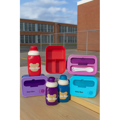 Set infantil de lonchera con botella Super Bear, lunch box portátil con compartimentos y cubiertos, kit escolar para niños con diseños coloridos ideal para guardería y viajes, Mayoreo APTD-113