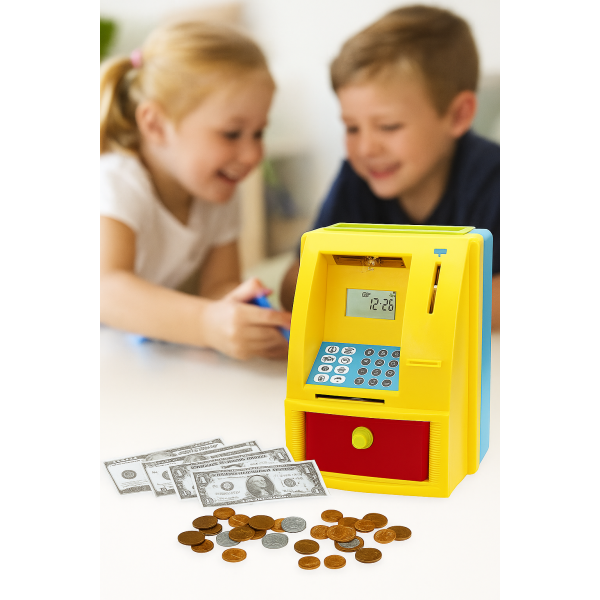 Cajero automático infantil electrónico de colores vivos, alcancía educativa para niños con teclado, pantalla y ranura para billetes y monedas, juguete seguro ideal para fomentar el ahorro y regalar, Mayoreo ATM57