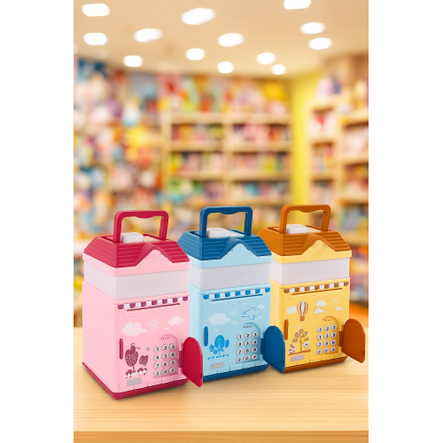 Cajero automático infantil en forma de casita con teclado y luces RGB, alcancía electrónica que acepta billetes y monedas, juguete educativo seguro para niños ideal para fomentar el ahorro y regalar, Mayoreo ATM60