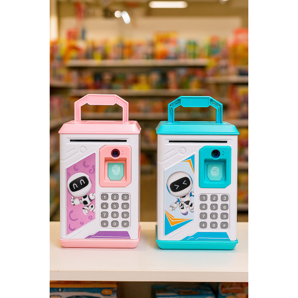 Cajero automático infantil electrónico con diseño de robot y lector digital, alcancía educativa que acepta billetes y monedas, juguete interactivo con teclado y luces para niños ideal para fomentar el ahorro y regalar, Mayoreo ATM61