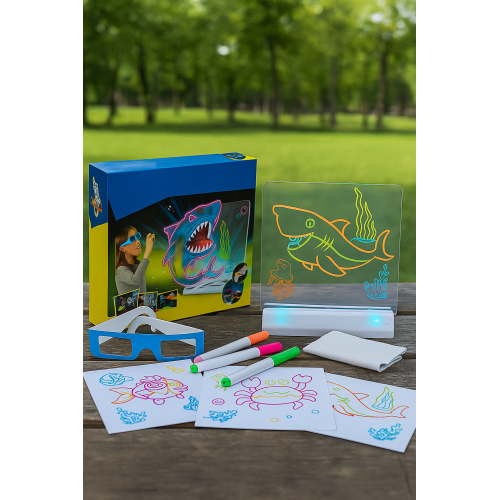 Juego de dibujo 3D con tablero luminoso, plumones fluorescentes y lentes 3D incluidos, juguete creativo y educativo para niños, ideal para desarrollar la imaginación y el arte 3D 15*14cm, Mayoreo TOY722