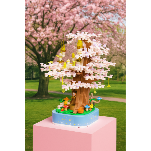 Árbol de cerezo armable con base musical giratoria, set de construcción decorativo, con flores rosas y detalles de fantasía, juguete creativo y adorno elegante para hogar, oficina o regalo especial, Mayoreo TOY810