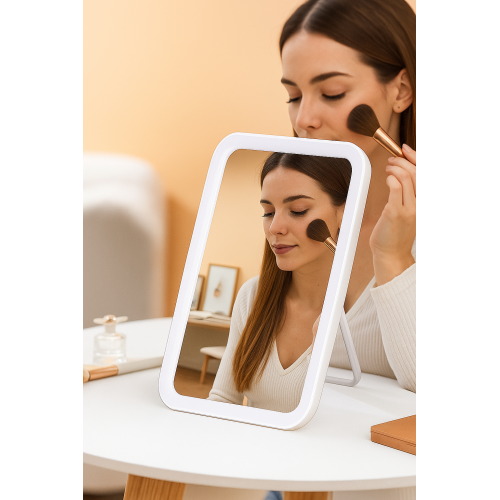 Espejo de maquillaje con luz LED portátil de mesa, diseño elegante y plegable con soporte ajustable, ideal para maquillaje preciso, cuidado facial y rutinas de belleza, Mayoreo DBJ-101 