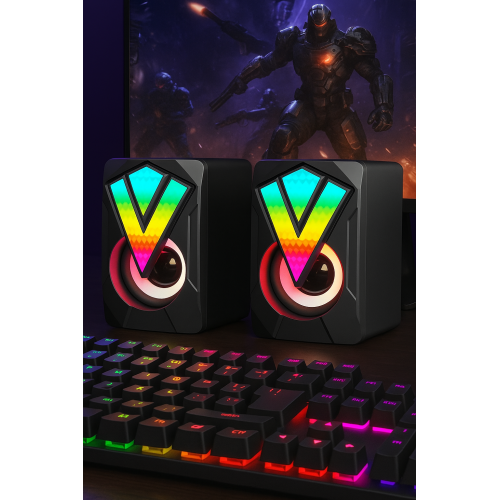 Par de bocinas estéreo para computadora con sonido 360° envolvente, conexión USB, diseño compacto con luces LED RGB, ideal para música, gaming y oficina, Mayoreo DNX-5411