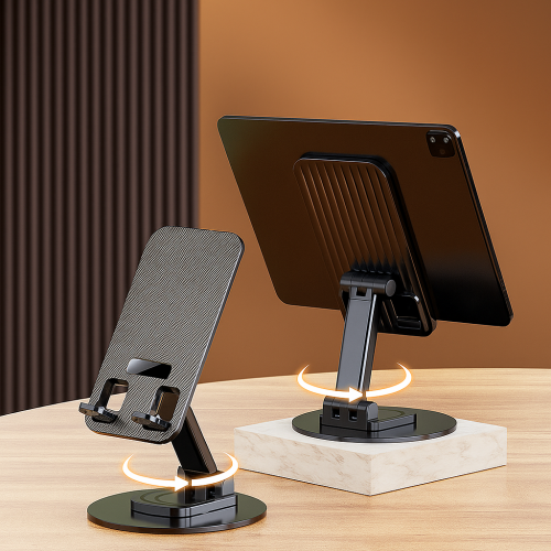 Soporte de Escritorio para Celular y Tablet de Aluminio, Rotación 360°, Ajustable en Altura e Inclinación, Base Antideslizante Plegable Ideal para Oficina, Hogar, Clases en Línea y Videollamadas, Mayoreo XZ-6140 