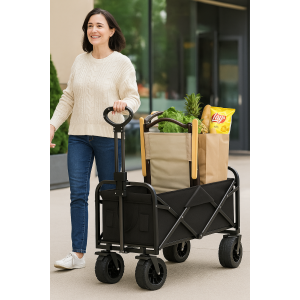 Carrito plegable de carga con ruedas todoterreno y manija ajustable, ideal para camping, playa, jardín, picnic, transporte de equipo y compras, estructura resistente de acero y tela Oxford reforzada, Mayoreo 25JUL21-