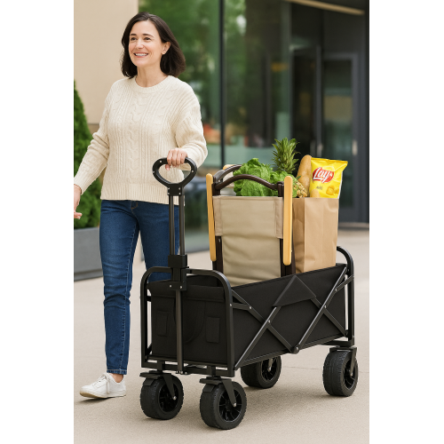 Carrito plegable de carga con ruedas todoterreno y manija ajustable, ideal para camping, playa, jardín, picnic, transporte de equipo y compras, estructura resistente de acero y tela Oxford reforzada, Mayoreo 25JUL21-