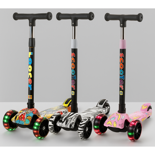 Patín scooter infantil plegable de 3 ruedas con luces LED y altura ajustable, ideal para niños y niñas de 1 a 12 años, diseño resistente, base antideslizante y ruedas anchas silenciosas, patín de equilibrio y diversión segura, Mayoreo 518- 1