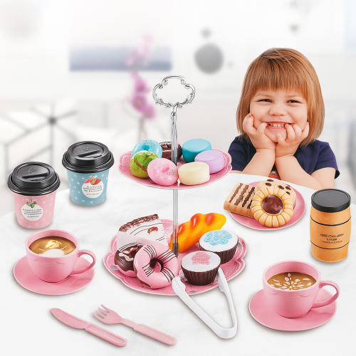 Set de juguete de té y repostería para niños, juego de cocina con accesorios de cafetería y pastelería, incluye tazas, postres, croissants, cafetera y más, ideal para juego de roles, aprendizaje y diversión creativa, Mayoreo 02OCT25