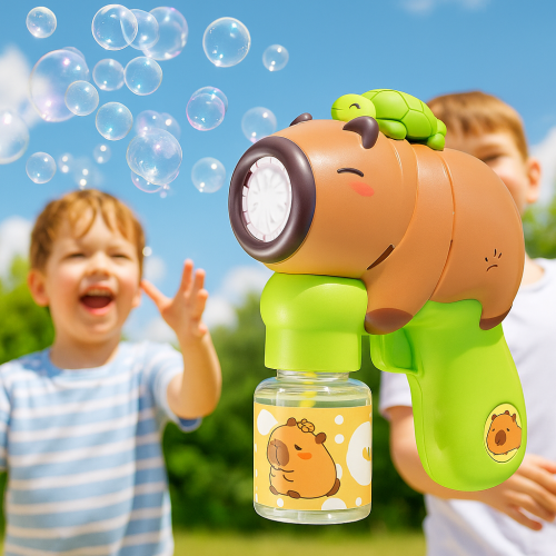 Pistola de burbujas eléctrica con diseño de capibara, juguete automático para niños y niñas, lanza cientos de burbujas por segundo, incluye líquido recargable y batería, ideal para fiestas, exteriores y verano, Mayoreo 25JUL28