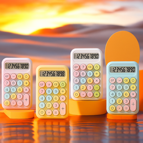 Calculadora pastel de escritorio con diseño retro y teclas redondas, pantalla grande y botones suaves multicolor, ideal para oficina, escuela o uso personal, Mayoreo 24750-4 