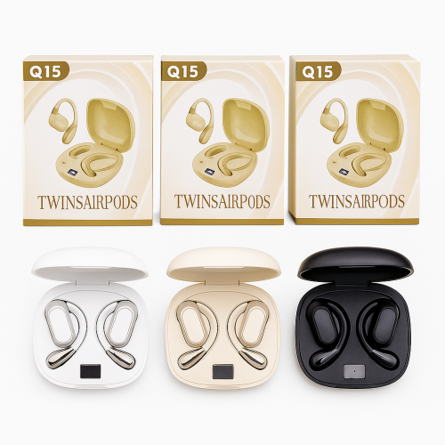 Audífonos inalámbricos Bluetooth 5.4 con diseño elegante dorado y tecnología HiFi estéreo, auriculares de conducción aérea con micrófono integrado, sonido envolvente 360° y cancelación digital de ruido, Mayoreo Q15  Audífonos inalámbricos Bluetooth 5.4 con diseño elegante dorado y tecnología HiFi estéreo, auriculares de conducción aérea con micrófono integrado, sonido envolvente 360° y cancelación digital de ruido, Mayoreo Q15