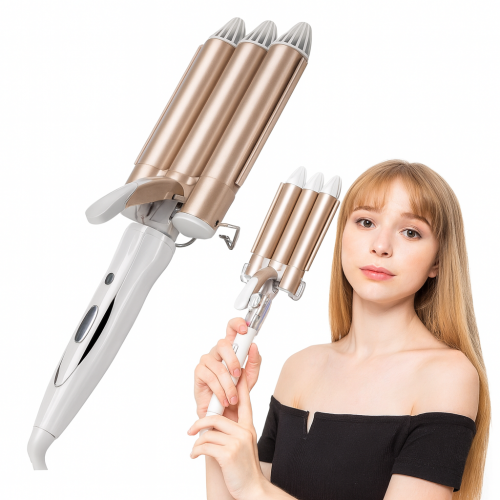 Rizador de cabello profesional triple barril 3 tubos, calentamiento rápido, revestimiento cerámico anti-daño, apto para todo tipo de cabello, ideal para peinados voluminosos y ondas definidas de larga duración, Mayoreo CL-409239 Rizador de cabello profesional triple barril 3 tubos, calentamiento rápido, revestimiento cerámico anti-daño, apto para todo tipo de cabello, ideal para peinados voluminosos y ondas definidas de larga duración, Mayoreo CL-409239