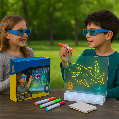 Juego de dibujo 3D con tablero luminoso, plumones fluorescentes y lentes 3D incluidos, juguete creativo y educativo para niños, ideal para desarrollar la imaginación y el arte 3D 15*14cm, Mayoreo TOY722