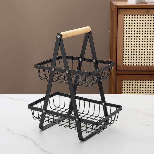 Canasta frutera de dos niveles con estructura metálica y asa de madera, organizador resistente para frutas y verduras, diseño moderno 27.5×17×29 cm ideal para cocina, mesa o despensa, Mayoreo 13679