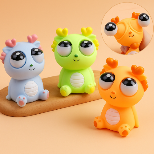 Juguete antiestrés de dinosaurio con ojos saltones giratorios, diseño suave y flexible tipo squishy, ideal para aliviar estrés, ansiedad y mejorar la concentración; figura divertida y colorida, Mayoreo W-FYZW5209 