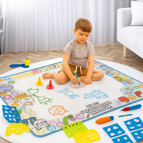 Tapete mágico de dibujo con agua para niños, manta educativa reutilizable que revela colores al mojarse, incluye plumas de agua, moldes, sellos y plantillas; fomenta la creatividad, aprendizaje de letras y figuras, Mayoreo W-FYZW6923