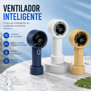 Ventilador portátil inteligente con pantalla digital, batería recargable, múltiples velocidades y diseño compacto. Ideal para escritorio o uso portátil. Venta por mayoreo.