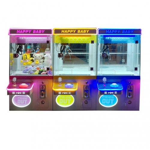 Máquina tragamonedas tipo garra mini “Happy Baby” con luces LED multicolor, ideal para negocios, tiendas, eventos y entretenimiento familiar, compatible con peluches y premios pequeños, Mayoreo W-FWWJ2888