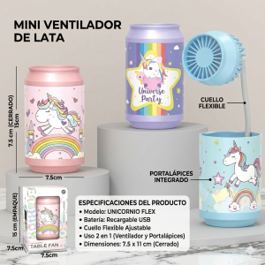 Mini ventilador portátil USB con diseño tipo lata y temática de unicornio, ideal para escritorio, oficina, Por Mayoreo  258F