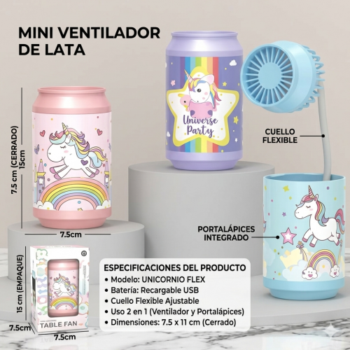 Mini ventilador portátil USB con diseño tipo lata y temática de unicornio, ideal para escritorio, oficina, Por Mayoreo  258F