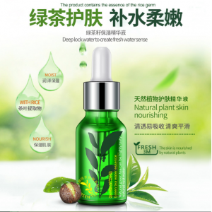 Suero facial hidratante a base de extracto de té verde, fórmula nutritiva de origen vegetal que humecta profundamente, calma la piel, mejora la suavidad y el brillo natural, se absorbe rápidamente y es ideal para piel grasa, Mayoreo 