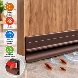 Burlete adhesivo para colocar debajo de la puerta. Ayuda a bloquear polvo, corrientes de aire e insectos y reducir el paso de ruido. Venta por mayoreo.