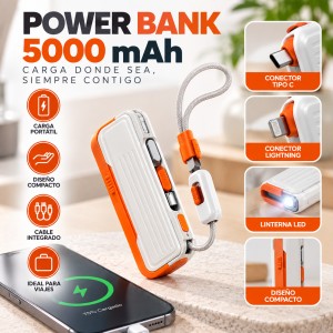 Power Bank de 5000 mAh con cable integrado y diseño compacto. Práctico para llevar y cargar tus dispositivos durante el día.