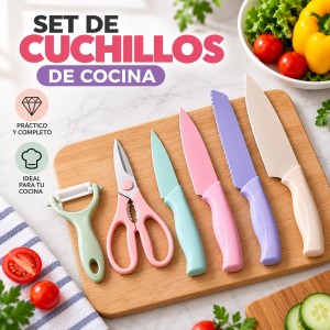 Set de cuchillos y utensilios de cocina en atractivos colores, práctico para diferentes tareas de preparación de alimentos. Disponible por mayoreo.