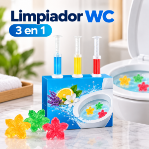 Limpiador para inodoro WC 3 en 1 con práctico sistema de aplicación. Ideal para complementar la limpieza y frescura del sanitario. Venta por mayoreo.