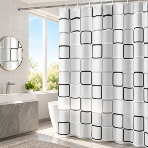 Cortina para baño con moderno diseño geométrico en tonos blanco, gris y negro. Ideal para ducha y decoración del baño. Venta por mayoreo.