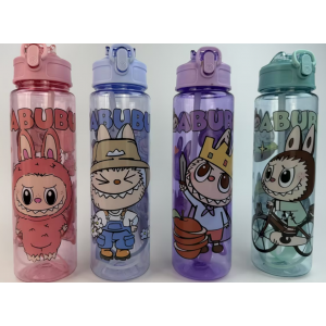 Botella deportiva infantil Labubu 1000 ml con popote y tapa a presión, diseño animado con 4 colores mayoreo 6103