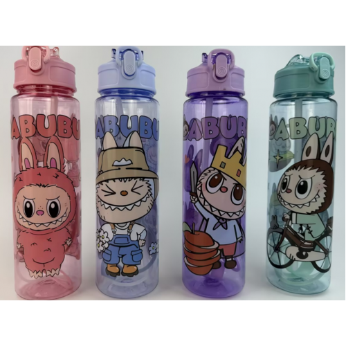 Botella deportiva infantil Labubu 1000 ml con popote y tapa a presión, diseño animado con 4 colores mayoreo 6103