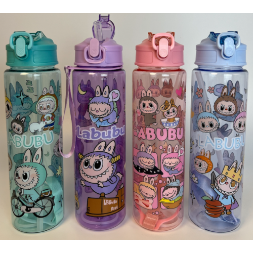 Botella deportiva infantil de 1000ml con popote y diseño animado de labubu, 4 colores , mayoreo 6102 