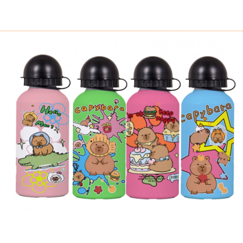 Botella metálica infantil con diseños de carpincho capybara, 500 ml, tapa segura a prueba de derrames, 4 colores, mayoreo 0690
