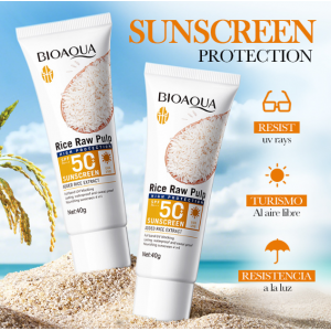 Protector solar facial de pulpa de arroz SPF50+, alta protección contra rayos UVA/UVB, fórmula ligera resistente al agua y al sudor, viajes, playa y actividades al aire libre, textura suave que hidrata y ayuda a unificar el tono 40 g Mayoreo NO.BQY09890