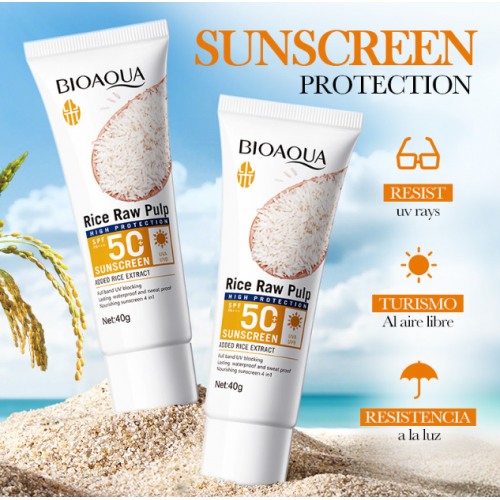 Protector solar facial de pulpa de arroz SPF50+, alta protección contra rayos UVA/UVB, fórmula ligera resistente al agua y al sudor, viajes, playa y actividades al aire libre, textura suave que hidrata y ayuda a unificar el tono 40 g Mayoreo NO.BQY09890