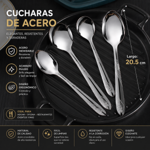 cucharas de acero inoxidable, cucharas 20.5 cm, cucharas metálicas, cucharas elegantes, cubiertos de acero, cucharas para restaurante, cucharas por mayoreo