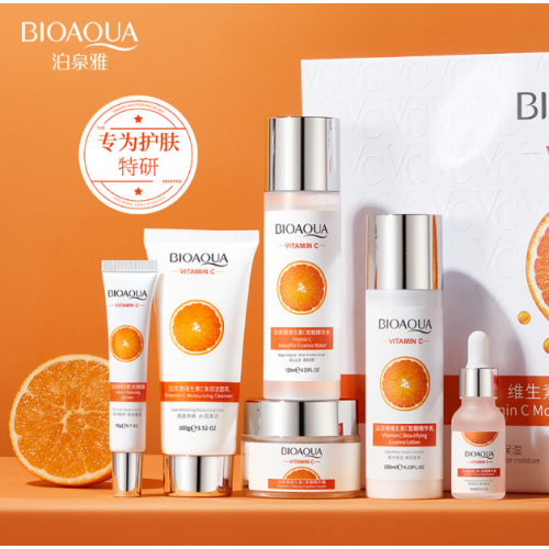 Set de cuidado facial con vitamina C, kit completo iluminador con limpiador, tónico, suero, crema hidratante y esencia rejuvenecedora, aclarara manchas, mejorar la textura, dar brillo natural y nutrir profundamente todo tipo de piel, Mayoreo NO.BQY41081