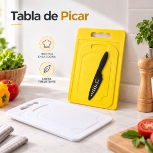 Tabla de picar práctica con cuchillo incluido. Diseño compacto y funcional para el uso diario en la cocina. Venta por mayoreo
