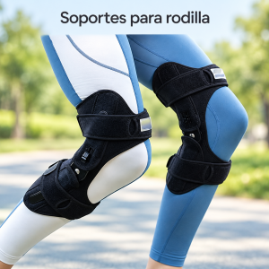 Soporte para rodilla con resortes laterales, correas ajustables y abertura frontal. Color negro y presentación en caja. Venta por mayoreo.