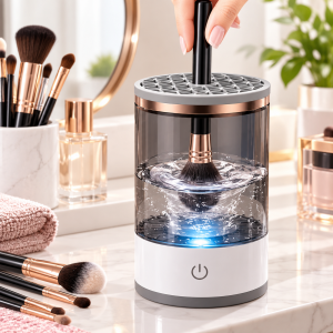Limpiador eléctrico para brochas de maquillaje con recipiente transparente y diseño compacto. Práctico para el cuidado de tus brochas. Venta por mayoreo.